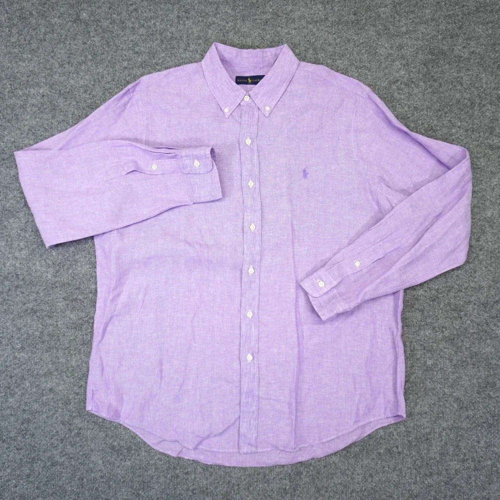 Ralph Lauren Button Down Shirt Mens XL Purple 100% Linen Long Sleeve Pony Logo